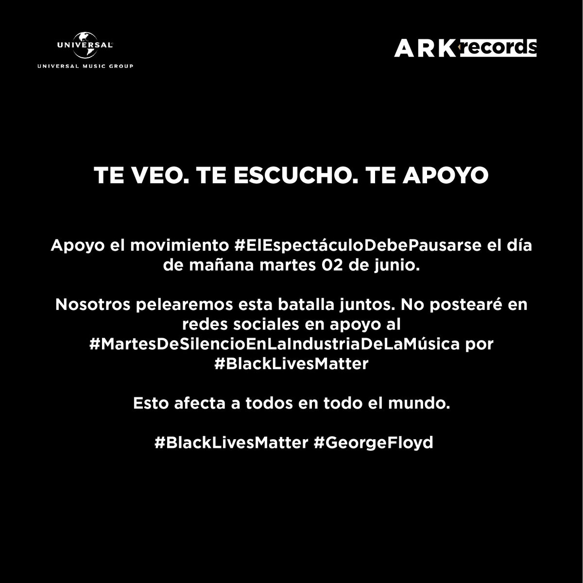 KalimbaMX's tweet photo. El espectáculo debe pausarse. Martes de silencio para la industria. 

#BlackLivesMatter #theshowmustbepaused #georgefloyd🙏🏾 https://t.co/KbTcDo0prb