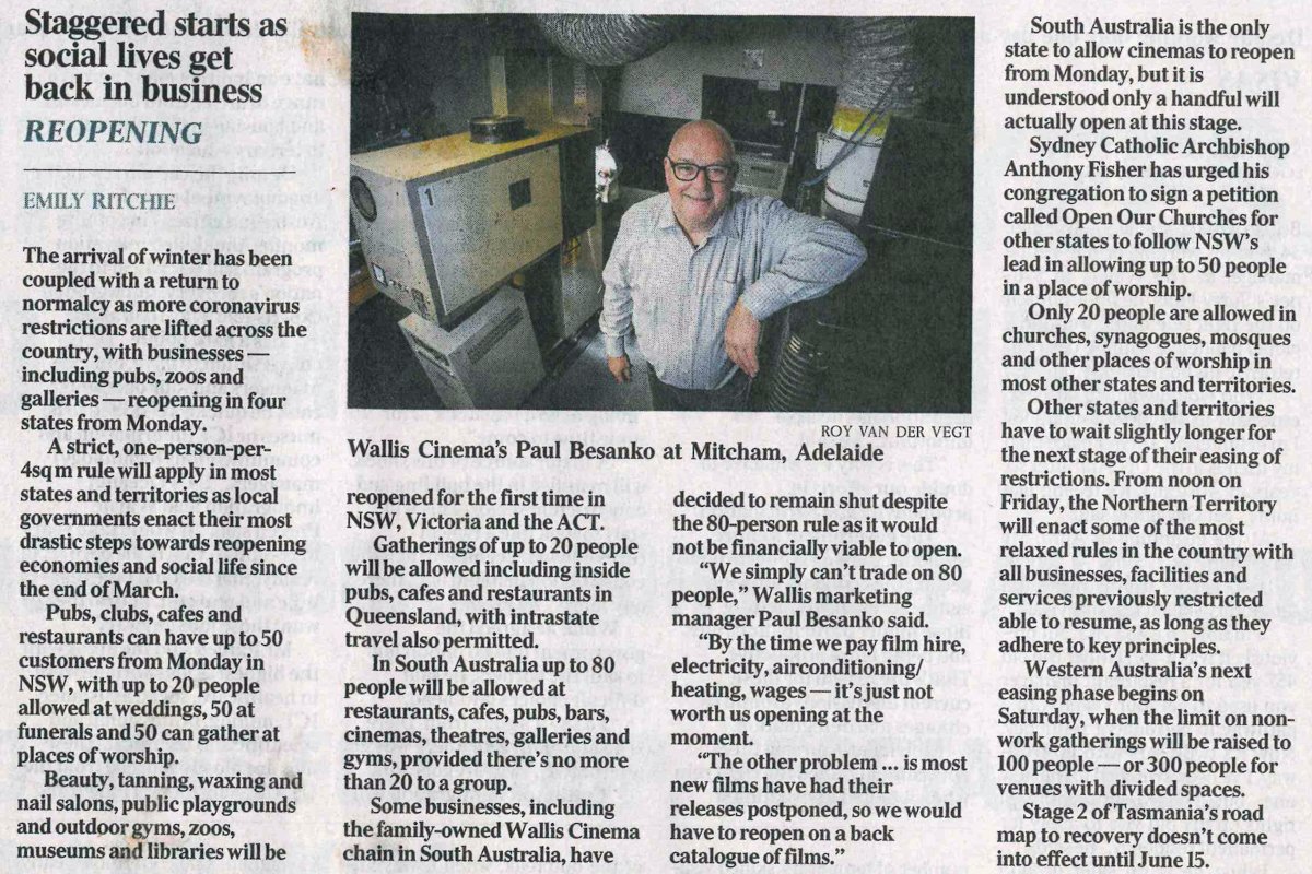 Wallis_Cinemas's tweet image. An article in yesterday’s The Australian (1 June) We will be back soon!!

#walliscinemas #wallis #film #cinema #wallismtbarker #wallismitcham #wallispiccadilly #wallisnoarlunga
#wallisMildura #Wallismainline