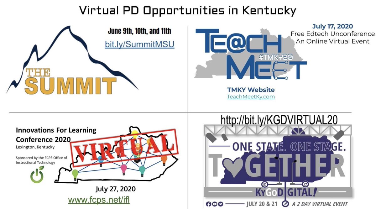 Mark YOUR calendar! AMAZING opportunities to CONNECT with KY Educators THIS SUMMER! YES!

#TogetherWeAreBrilliant 

#MSUSummit2020 #TMKY20 #IFLLEX #KYGoDigital