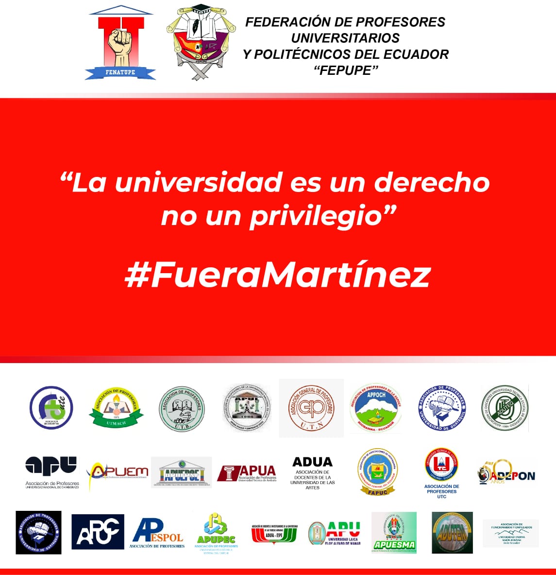 La universidad es un derecho no un privilegio <a href="/FEPUPE_ec/">FEPUPEcuador</a> <a href="/ces_ec/">CES</a> <a href="/Lenin/">Lenín Moreno</a> #FueraMartinez #NoAlRecorte
