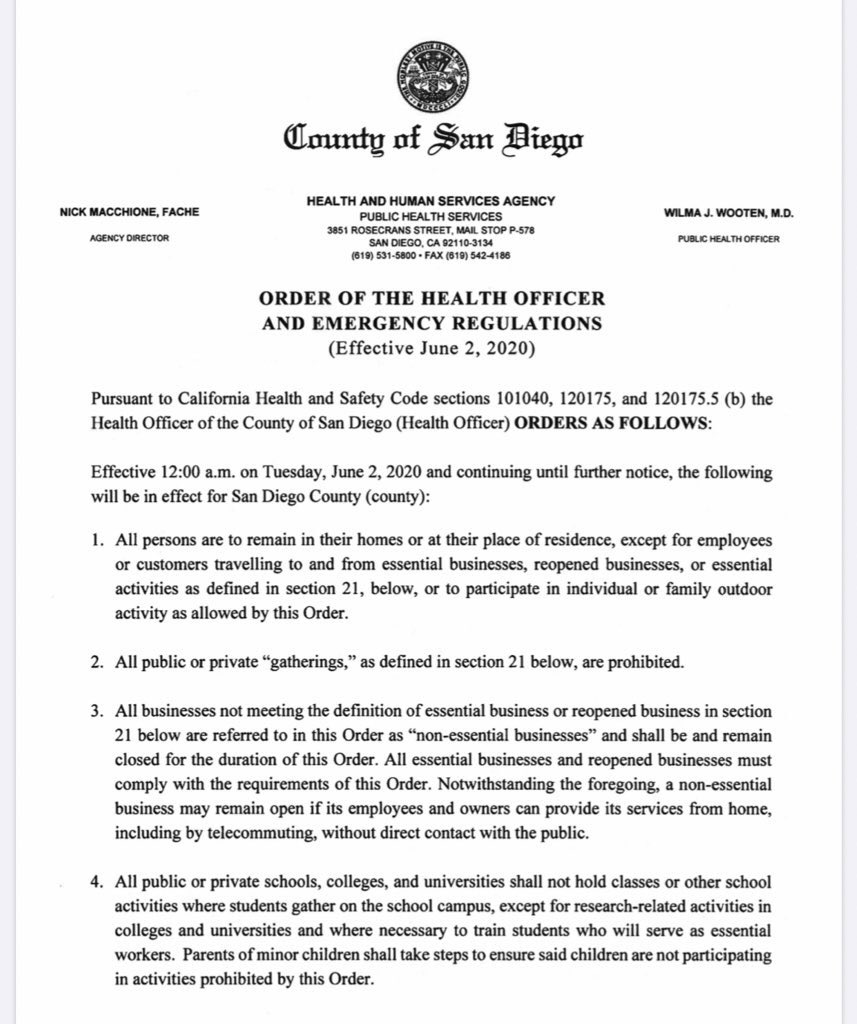 SAN DIEGO: PLEASE RT - SHARE! STARTING JUNE 2ND IT IS ILLEGAL TO GATHER IN PUBLIC SETTINGS AGAIN DUE TO “COVID19”. THE POLICE WILL USE THIS AS A REASON FOR MAKING ARRESTS! INFORM MOVEMENTS PLANNING TO PROTEST!