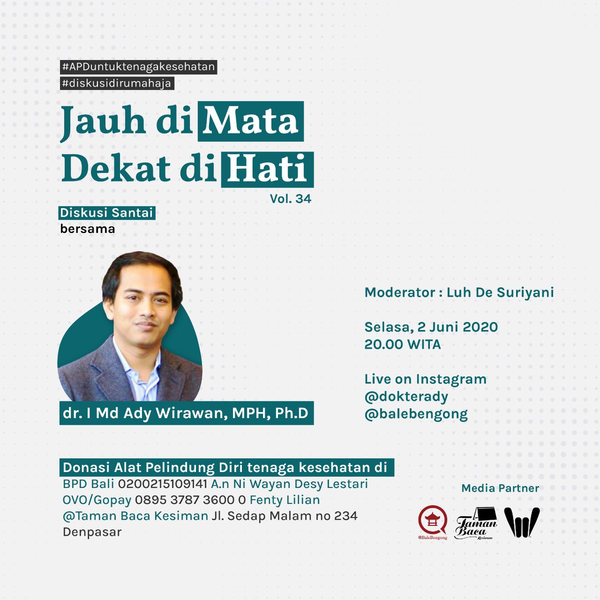 Sementara itu, apa suka duka menjelang new normal? Semua kegelisahanmu, yuk sampaikan pukul 8 malam ini via ig live bersama dok muda <a href="/adywirawan/">Ady Wirawan</a> yg pernah kita bahas risetnya tentang kasus #covid19 di Bali. Mariii