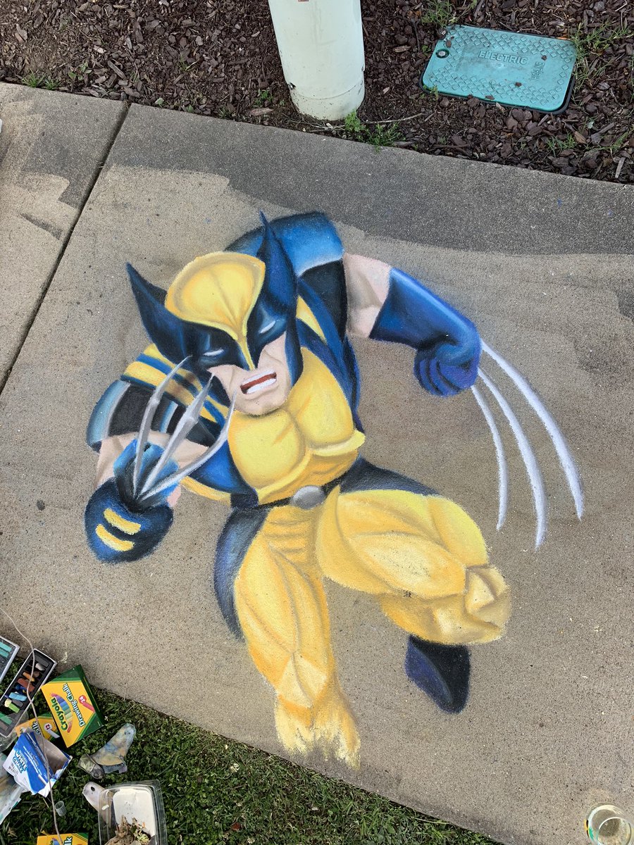 FavreauAmy's tweet photo. Kids asked for superheroes so Wolverine made the sidewalk today! I don't know the superhero world well, but I know @RealHughJackman , and love him as a performer so his character made the walk. #chalkyourwalk #chalktherapy #sidewalksmiles #wolverine #stayhome #quarantinetherapy https://t.co/63VDnvlabN