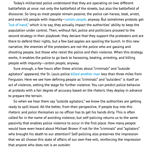 These "agitator" accusations would typically come right before or after cops would violently attack crowds.Afterward, some on social media – many of whom had not been present – would parrot the cop's talking points, accusing "white anarchists" of causing the repression.