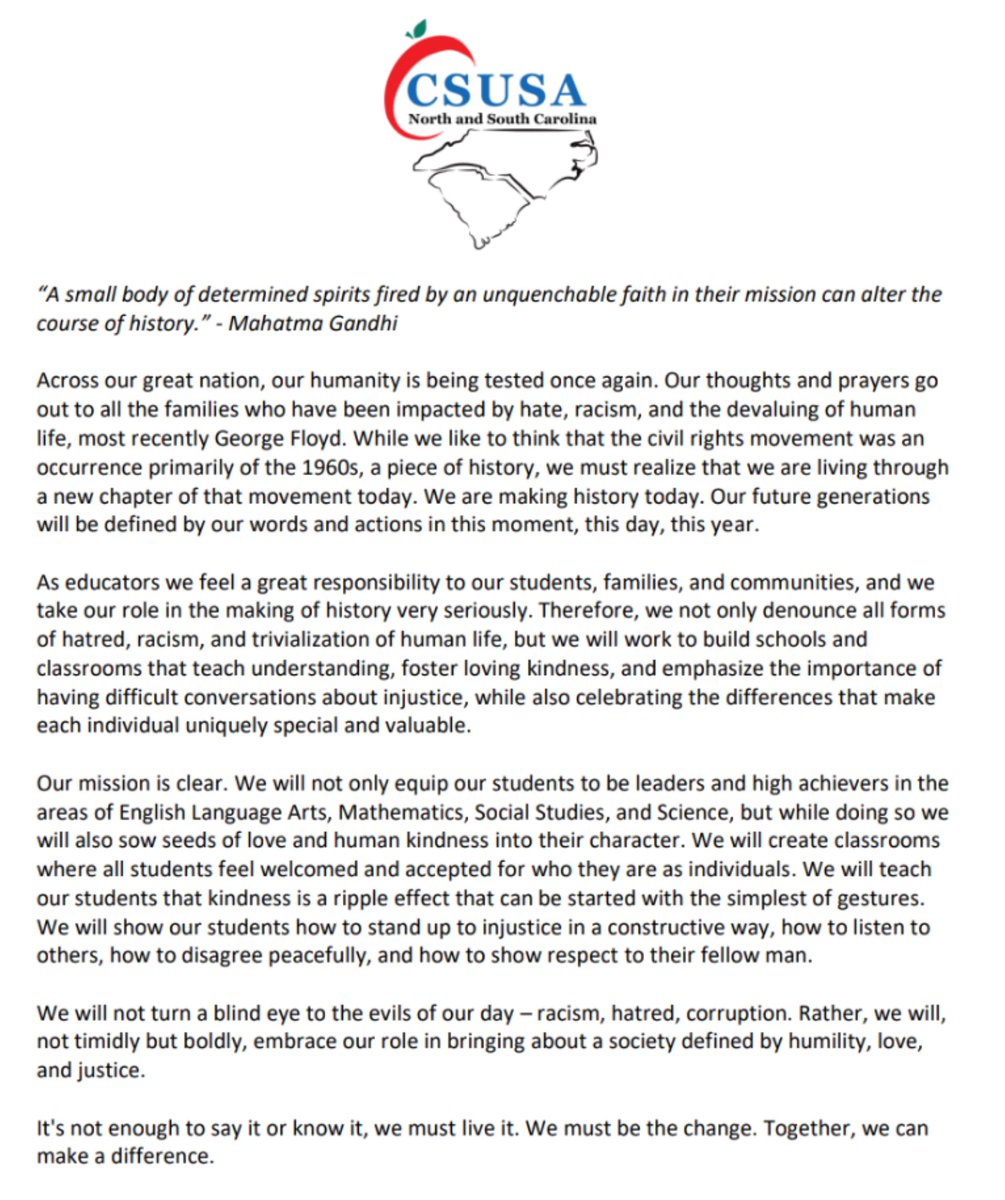 The principals and leaders of <a href="/CSUSA_Carolinas/">CSUSA_Carolinas</a> came together to write this letter to students, staff, parents and community.<a href="/NCCharterOffice/">Office of Charter Schools</a>