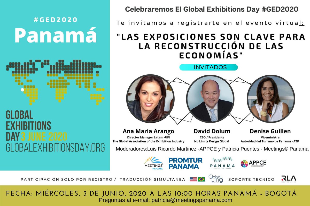 meetingspanama's tweet photo. #vocesdelaindustria #Panama #ged2020 con Mccg Panama que se unen a la gran celebración #GLOBALEXHIBITIONDAY2020
Unete al evento que tenemos este 3 de junio a las 10 am horas 🇵🇦
enviar correo para suscripción a patricia@meetingspanama.com @promtur_panama @ICCAWorld @UFILive https://t.co/A5BF2emdkg