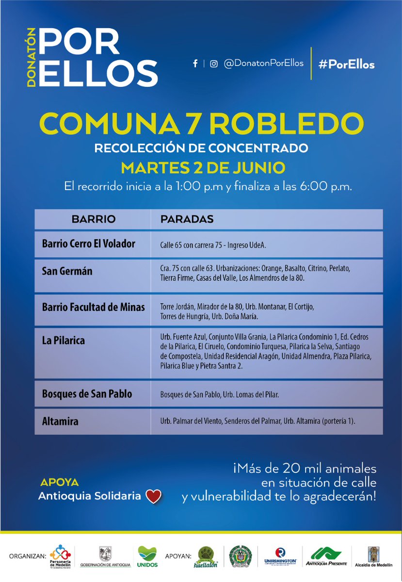 Mañana la donatón #PorEllos llega a la puerta de tu casa. Prepara tu ayuda!!! Caravana por la Comuna 7 - Robledo <a href="/bacomuna7/">Comuna 7</a> gracias al apoyo de @sttmed <a href="/PoliciaColombia/">Policía de Colombia</a> <a href="/AlcaldiadeMed/">Alcaldía de Medellín</a> Ellos esperan tu #Solidaridad organiza <a href="/personeriamed/">Personería Distrital de Medellín</a> <a href="/GobAntioquia/">Gobernación de Antioquia</a>