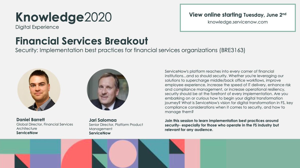 salomaa's tweet image. Join #Knowledge2020 tomorrow to hear out the latest in #ServiceNow Platform Security: your.servicenow.com/c61fa4/home?to… 

#K20 #FinServ #Security #Workflow #FinTech #Cloud