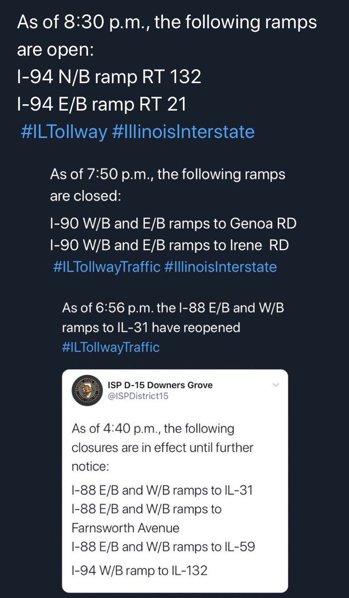 ISPDistrict15's tweet image. UPDATE: As of 8:45 p.m., the following ramps are open: 

I-90 E/B ramp to Genoa RD
I-90 E/B ramp to Irene RD
 
RAMPS THAT REMAIN CLOSED:
I-90 W/B ramp to Genoa RD
I-90 W/B ramp to Irene RD
#ILTollway #IllinoisInterstate