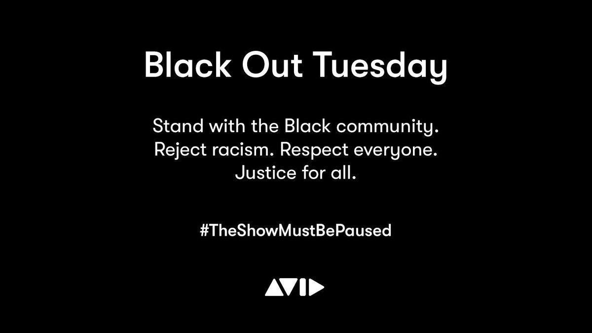 In solidarity with the Black community, #TeamAvid stands together to reject bigotry and racism, fight inequality, and demand justice for all. Let’s all reflect on how we can help drive meaningful change.  Enough is enough. 
#TheShowMustBePaused #BlackLivesMatter #BlackoutTuesday