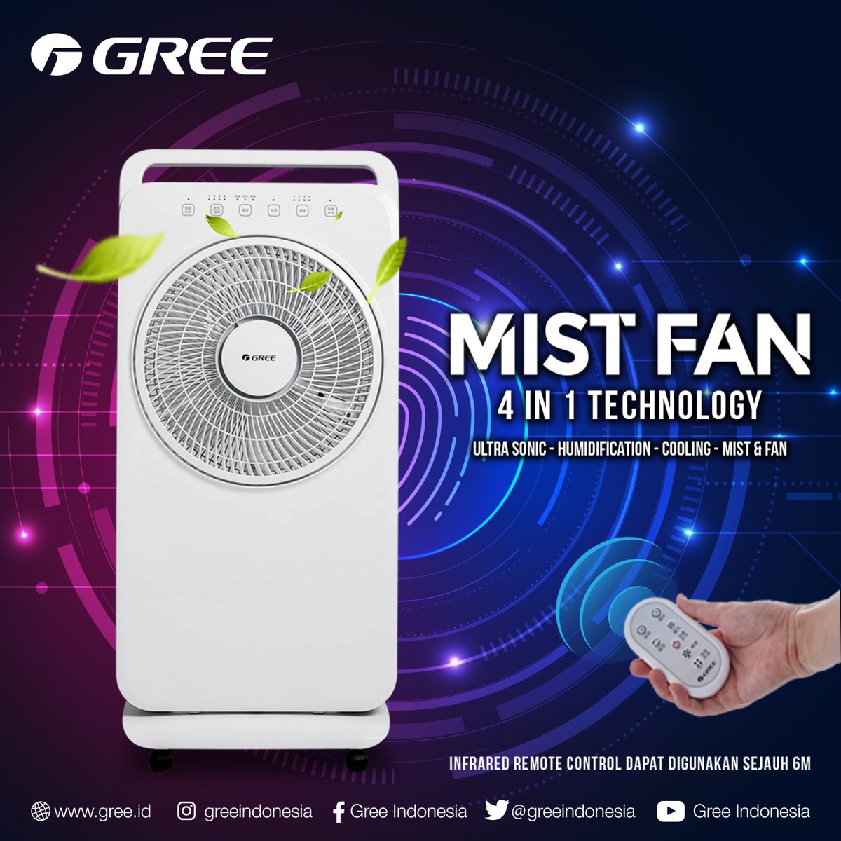 greeindonesia's tweet photo. Gree Buddy ingin ciptakan udara sejuk yang bisa melembabkan kulit ?
Yuk gunkanan Gree Mist Fan yang memiliki 4 in-1 technology ultrasonic humidification, cooling, mist & fan.
Designnya yang elegan juga dapat mempercantik ruangan kamu loh!
#GreeIndonesia #MistFan https://t.co/oU5y9bJLl8