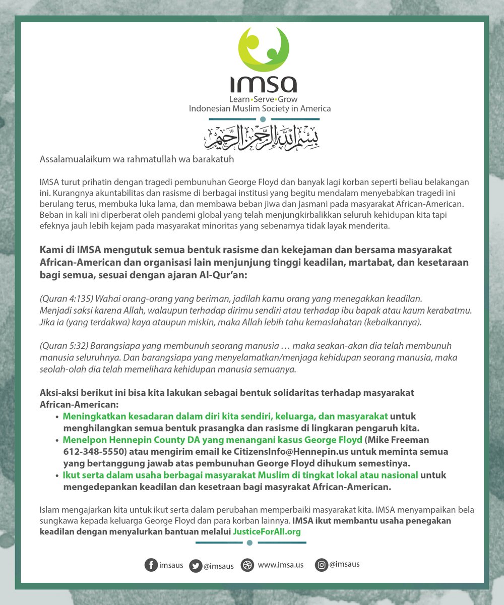 imsaus's tweet photo. Kami di IMSA mengutuk semua bentuk rasisme dan kekejaman dan bersama masyarakat African-American dan organisasi lain menjunjung tinggi keadilan, martabat, dan kesetaraan bagi semua, sesuai dengan ajaran Al-Qur’an https://t.co/ONKPhMSAxf