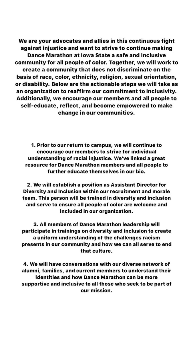 ISUDM's tweet photo. Dance Marathon at Iowa State stands with all people of color in times of crisis, and beyond. Please read our statement below. https://t.co/kH00gisjDF