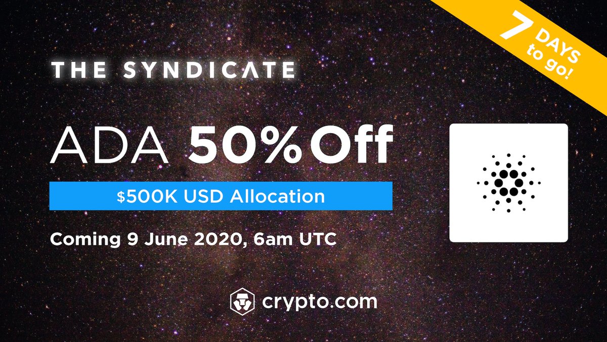 cryptocom's tweet photo. What will happen after 7️⃣days?
$ADA will be 50% off on The Syndicate🤩

✅Sign up for https://t.co/vCNztABJoG Exchange (if you haven't),
✅Stake $CRO, &amp;
✅Subscribe at 6am UTC 9 June.

Details here - https://t.co/m9Dg40J4Sj #ADA https://t.co/rAsKa52fuD