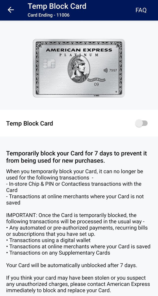 pramodlord's tweet photo. New Feature: Now temporarily block or unblock your Amex Credit Card for 7 days anytime from Amex App directly.
Much required feature.
#cardnpoints #amexlife @AmexIndia https://t.co/84cjXDORAB