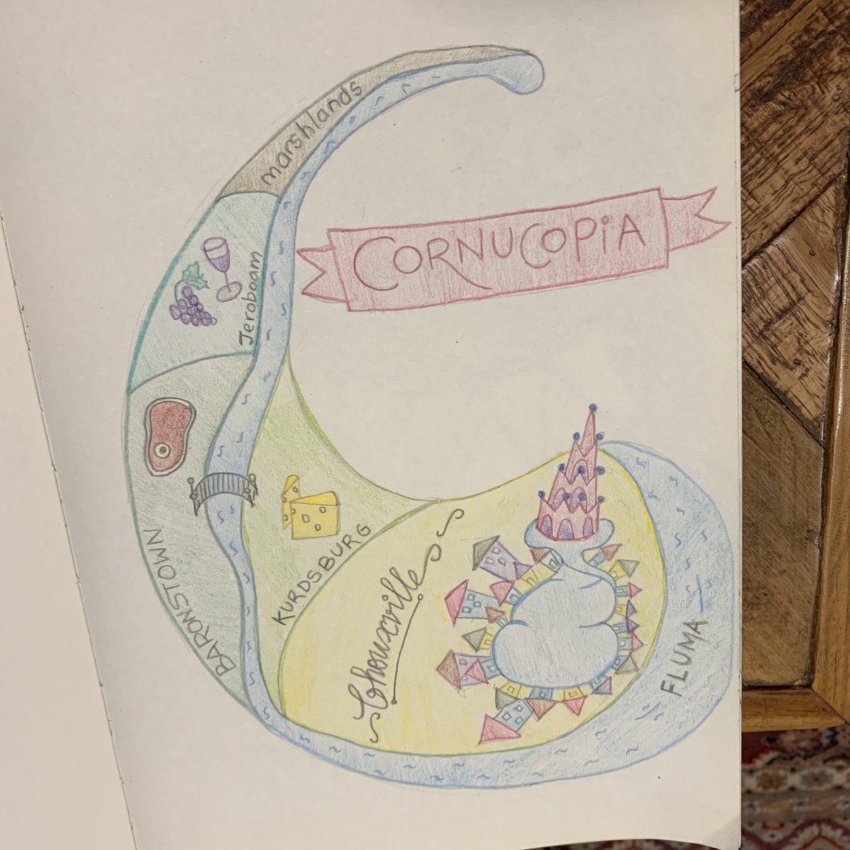 tdeepti's tweet photo. And here’s my interpretation of the Kingdom of cornucopia (shaped like a cornucopia!) I’m so happy with how this turned out 😄 #TheIckabog (I’m way too old for the contest.. the drawing is for fun!) https://t.co/J9UG5ZhOST