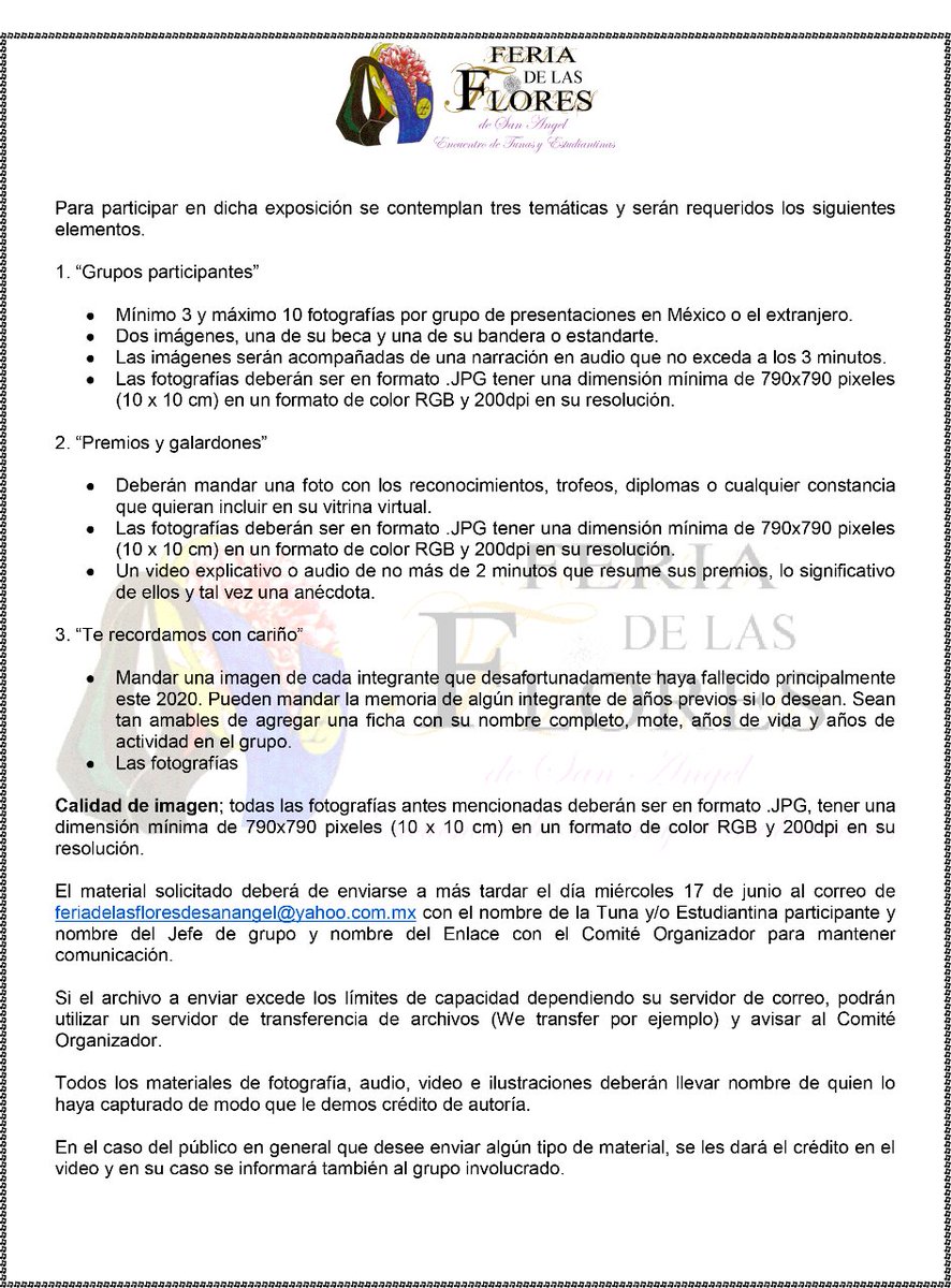 EncuentroTunas's tweet photo. Convocatoria 2020, XXXIV Encuentro Internacional de Tunas Universitarias y Estudiantinas de la Feria de las Flores de San Ángel.

CDMX. https://t.co/JBNzOcjBlz
