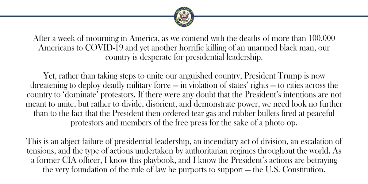 RepSpanberger's tweet image. As a former CIA officer, I know this playbook, and I know the President’s actions are betraying the very foundation of the rule of law he purports to support - the U.S. Constitution.

My statement on the President's actions:
