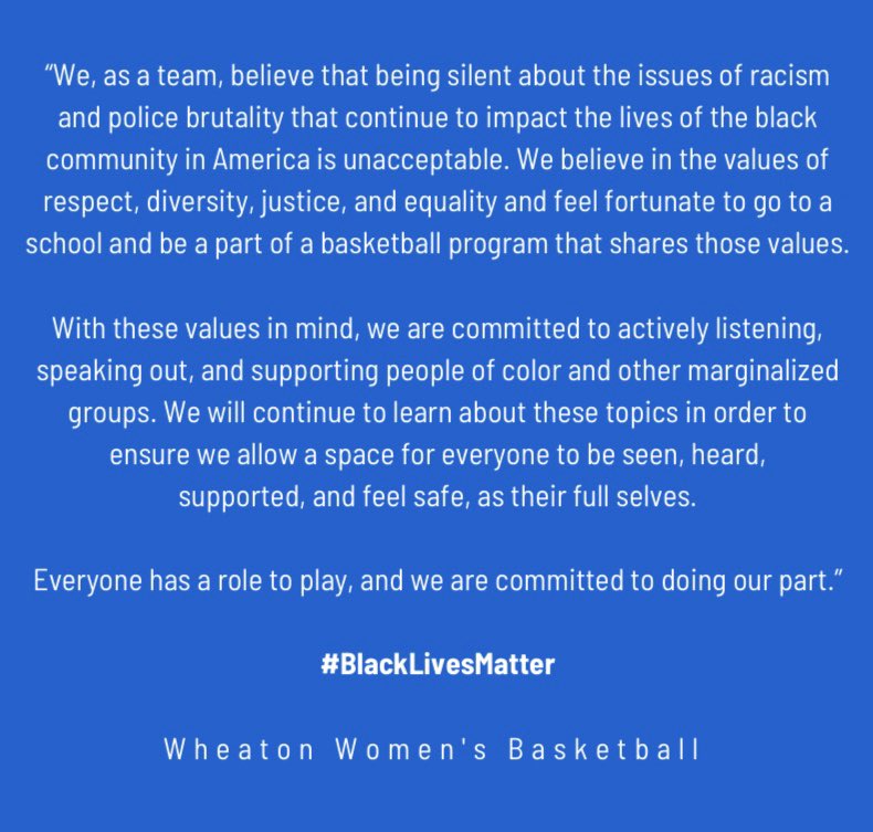 WheatonWBB's tweet photo. Through dialogue and honest conversation in our team’s meeting tonight, we want to put forth the following statement and share the values that this program believes in- respect, diversity, justice &amp; equality. https://t.co/DtcKnbMD4Y