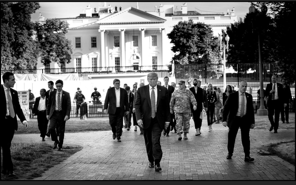 howardfineman's tweet photo. This is a searing, Riefenstahl-level picture of a Leader of strength and power, striding forth fearlessly through the chaos from his besieged palace to, through the sheer  force of his chaste, God-fearing indomitable will, impose order on his grateful Volk. https://t.co/v1W4hraXX5