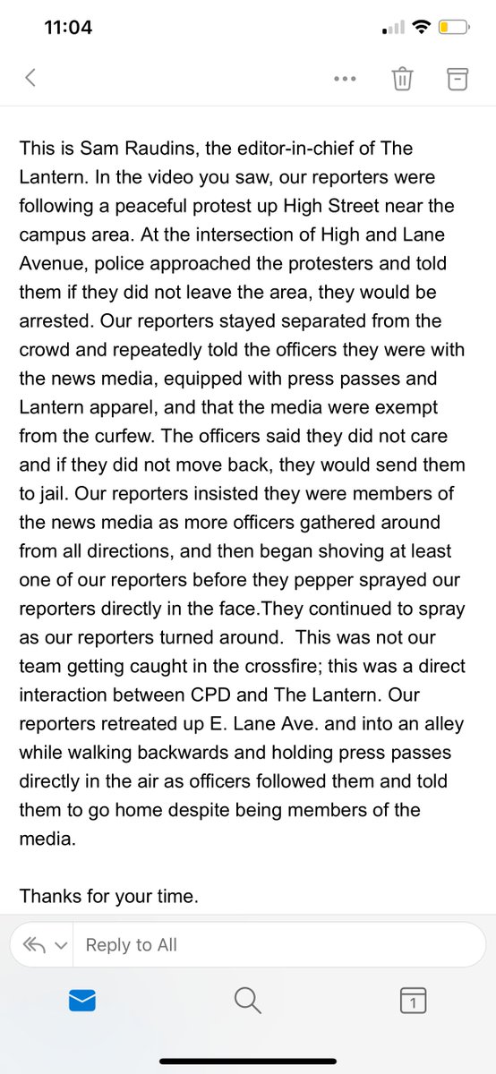 Our editor-in-chief <a href="/sam_raudins/">Sam Raudins</a> emailed <a href="/ColumbusPolice/">Columbus Division of Police</a>, reporting how officers threatened to arrest and then pepper-sprayed our reporters after our reporters identified themselves as members of the news media. #columbusprotest