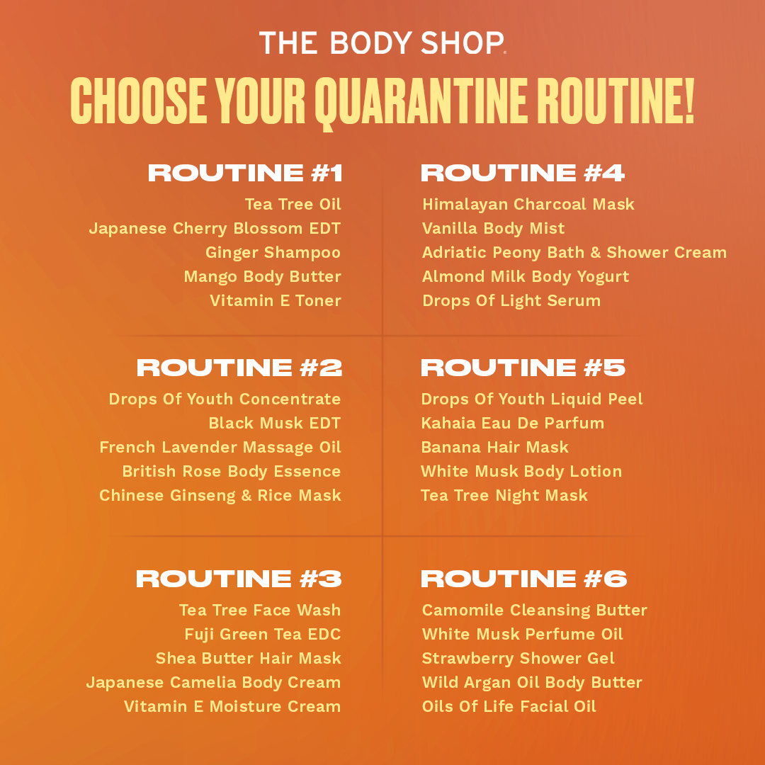 thebodyshopindo's tweet image. How&apos;s your quarantine, Beauty Lovers? 😆

Kalau kamu cuma boleh disuruh pilih 1 aja Quarantine Routine-mu, bakal pilih yang mana diantara ke-6 ini?

Tulis di reply yuk! Sama alasannya yaa, plus ajak juga temen kamu untuk pilih! 😜

#QuarantineHouse #QuarantineRoutine