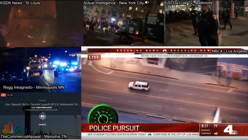 mitch_brogan's tweet photo. LIVE! Multi-city #GeorgeFloydProtests https://t.co/ywF9r005BT #StlouisProtests #WashingtonDCProtest #denverprotests #LAProtests #madisonprotests #NYCPROTEST #baltimoreprotests #LosAngelesProtests #PortlandProtests #JusticeForGeorgeFloyd #ICantBreathe https://t.co/H7nflYAbVY https://t.co/qLA6cdzgkb