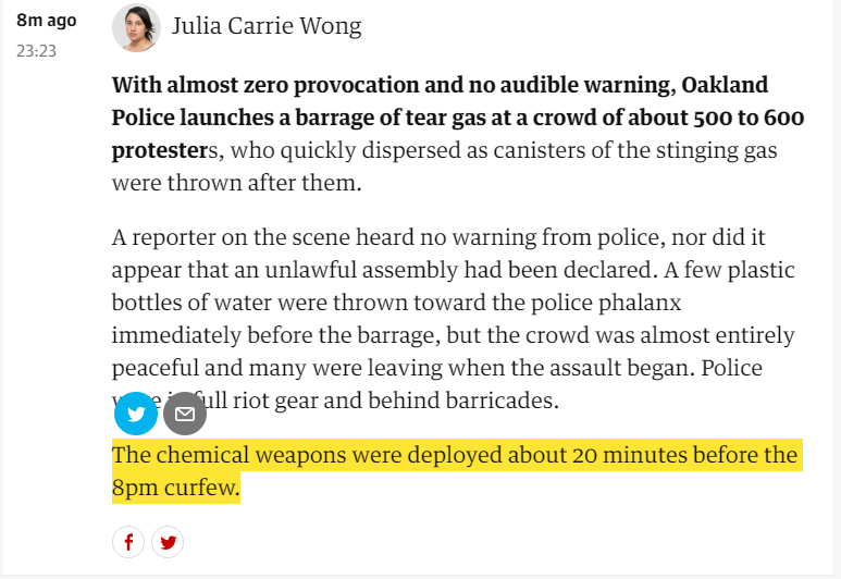 ClaudeRdCardiff's tweet photo. Okay, let's call this for what it actually is with the tear gas being used:

"The chemical weapons were deployed about 20 minutes before the 8pm curfew."

#oaklandprotest https://t.co/4TiZpW6Oeo