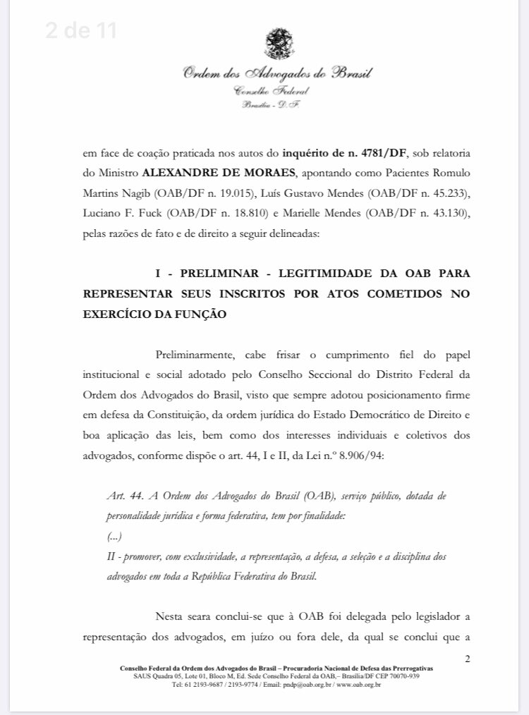 fabifbbr's tweet photo. @alexandre Como pode afirmar que foi autorizado? NÃO FOI! Não estão cumprindo a Súmula vinculante 14, nem mesmo respeitando as prerrogativas dos advogados, tanto que até a CFOAB protocolou Habeas Corpus! Eis a petição. ⬇️ https://t.co/tyI03lANHb