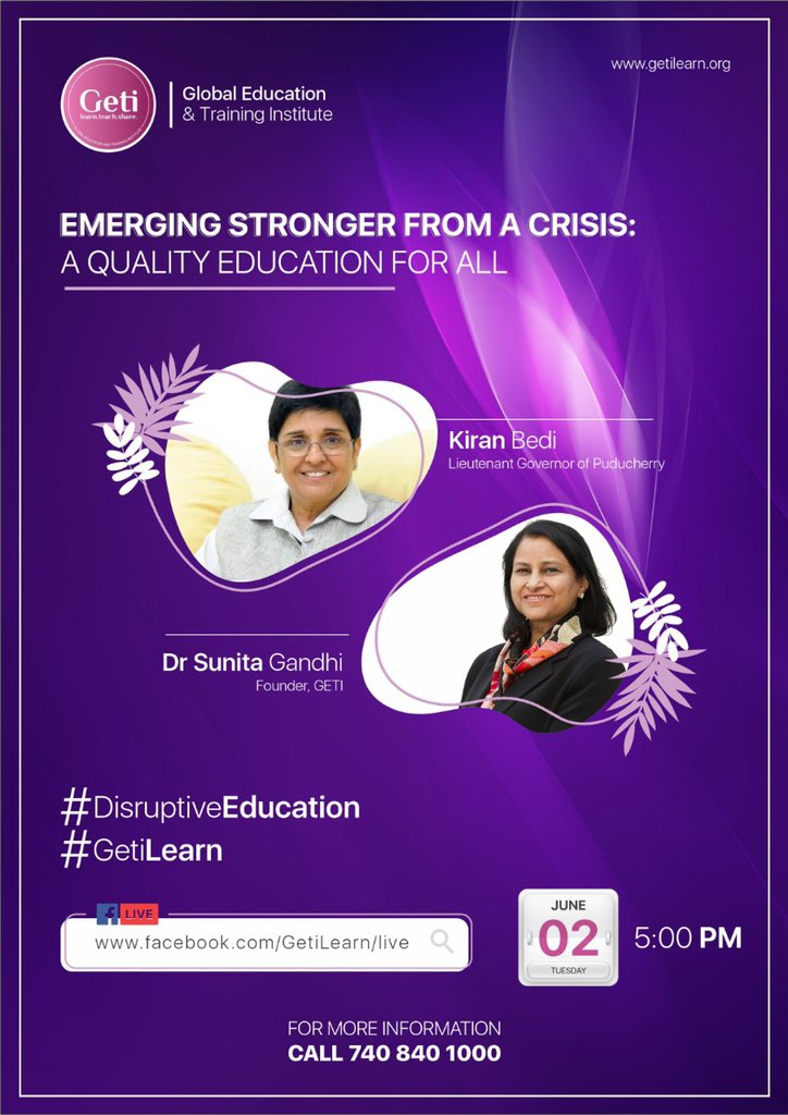 thekiranbedi's tweet photo. Emerging Stronger From a Crises: A Quality Education for All.. Today live on Facebook at 5 PM on https://t.co/OC2PB1yHc9

#DisruptiveEducation #GetiLearn 
@HRDMinistry 
@DrRPNishank 
@ANI https://t.co/xyVvZetaYT
