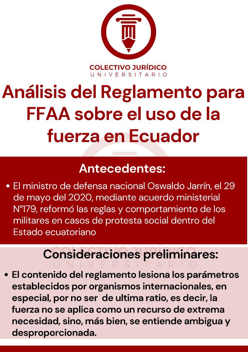 facsopower's tweet photo. Análisis realizado por el Colectivo Jurídico Universitario acerca del reciente Acuerdo Ministerial, sobre el uso de la fuerza en Ecuador.  👉https://t.co/Zn2YZOxYhI https://t.co/aVeuh0EEsE https://t.co/hUZPwKZtDJ
