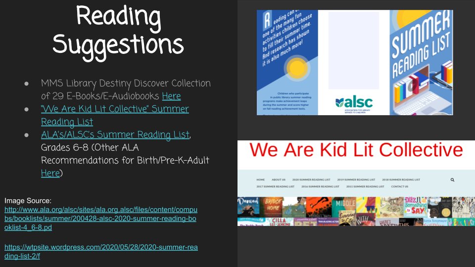MMS_Library's tweet image. Need #summerreading inspiration? Peruse some ideas from @wearealsc + @WeAreKidLit. Need help finding books? Contact @Librarian_Bock for help w/ e-books/audiobks from @MMS_Library and @CCLSLibraries. #masdlibraries #masdreads #masdproud @MMS_principals tinyurl.com/yafkfyu5