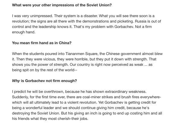 HayesBrown's tweet photo. Trump in 1990 talking to Playboy about why China was right to launch the Tiananmen Square Massacre and why Gorbachev's weakness was letting the Soviet Union fail

vs.

His comments to governors on Monday

He's always believed in using power and violence to silence dissent. https://t.co/GLr8XxQtfx