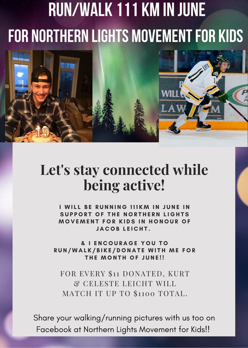 baileybraden8's tweet photo. For the Month of June I will be running 111KM in honour of Jacob Leicht and fundraising money for the Northern Lights Movement for Kids.
Check out the post below!! https://t.co/lEGRRs72MK