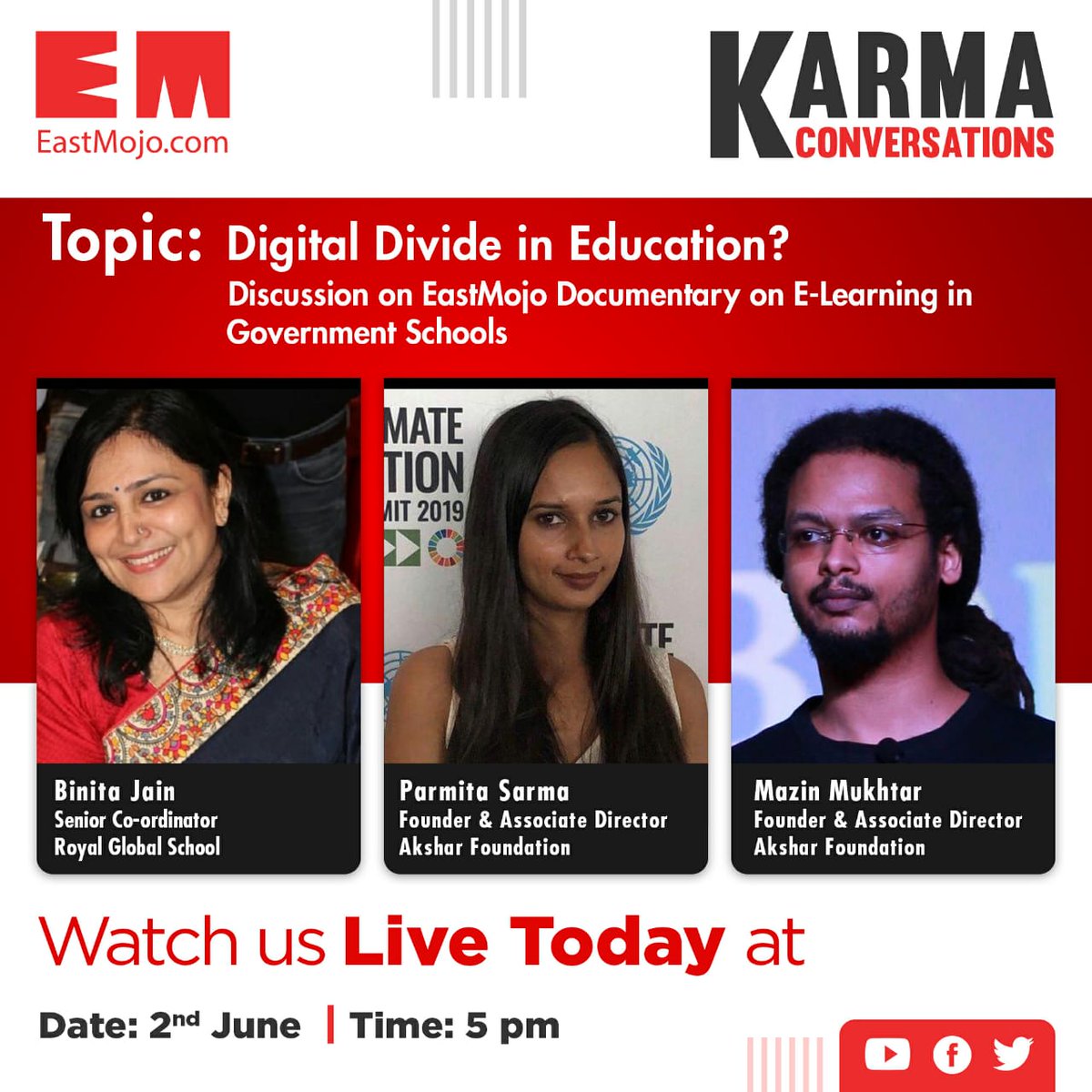 EastMojo's tweet photo. Join #KarmaConversations with Binita Jain (Senior Co-ordinator, Royal Global School), Parmita Sarma &amp; Mazin Mukhtar (Co-founders of Akshar Foundation) to discuss about EastMojo documentary on e-schooling in government &amp; digital inclusiveness. 

Catch us live at 5pm IST today https://t.co/nj4fWzeVCs