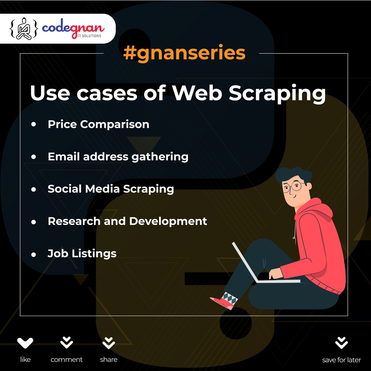 Codegnandotcom's tweet image. Take look at the use cases of Web Scraping with Python
#websccraping #WebScrapingPython #WebScrapingwithPython #Python #Pythonforlife #PythonProgramming #PythonLibraries #PythonCoding #PythonCareers #LearnPython #DataScience #machinelearning #DeepLearning #ArtificialIntelligence