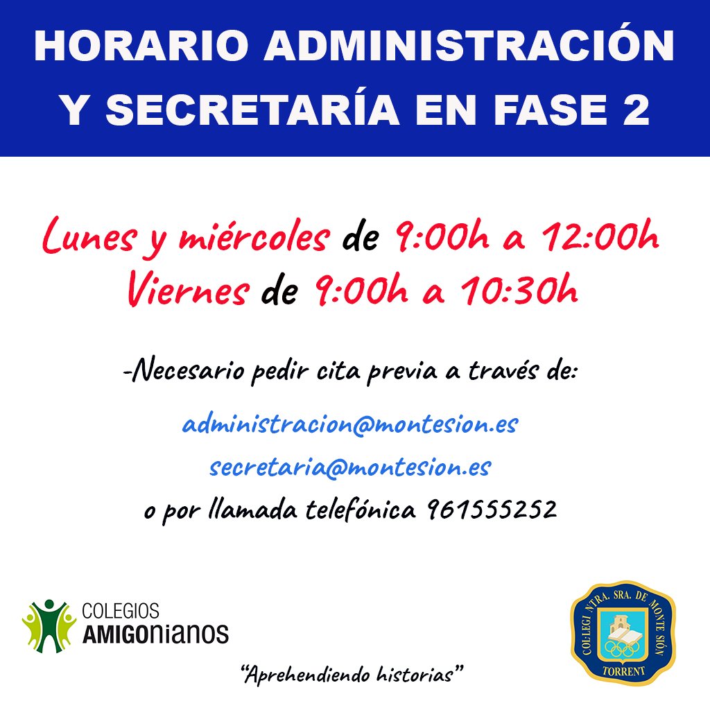 NSMonteSion's tweet photo. ‼️Horario administración y secretaría para la fase 2.
‼️Importante pedir cita previa. https://t.co/LAkZ7IsOHr
