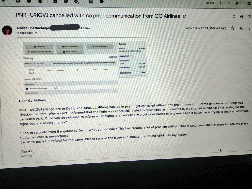 amrita308_ab's tweet photo. @goairlinesindia @DGCAIndia @AAI_Official @MoCA_GoI why should I pay extra amount of 3k for rescheduling when the airline cancelled without intimation. Customer care is purposefully unresponsive. Our hard-earned money is not for wasting on your negligence. No more dm. https://t.co/PGzzoSX9FX