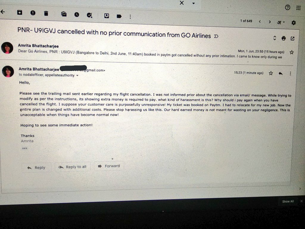 amrita308_ab's tweet photo. @goairlinesindia @DGCAIndia @AAI_Official @MoCA_GoI why should I pay extra amount of 3k for rescheduling when the airline cancelled without intimation. Customer care is purposefully unresponsive. Our hard-earned money is not for wasting on your negligence. No more dm. https://t.co/PGzzoSX9FX