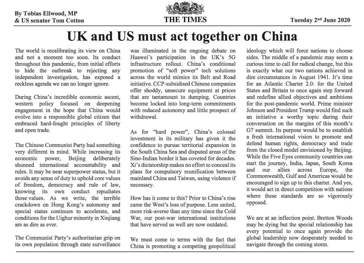 Tobias_Ellwood's tweet photo. My joint OP ED with in @thetimes with @SenTomCotton 

UK and US should form new strategic alliance to stand up to China’s alternative global vision.
#AtlanticCharter2 https://t.co/xmUiYSRf2m