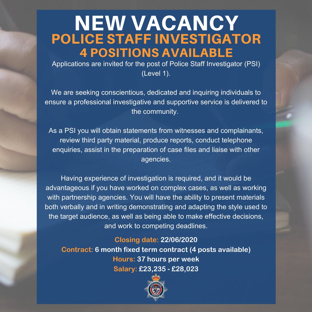 ClevelandPolice's tweet photo. 🚨 New Vacancy - Police Staff Investigator - 4 positions available 

Applications are invited for the post of Police Staff Investigator (PSI) (Level 1).

Interested? Read more below.

Apply here: https://t.co/c0SEEw4fU8 https://t.co/wAJQ8Comsc