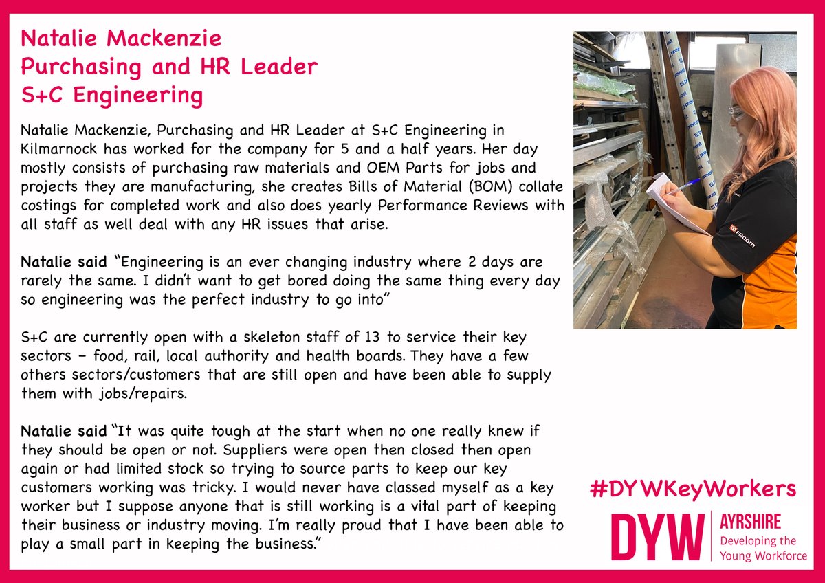 DYWAyrshire's tweet photo. Natalie from @SC_Engineering speaks about her job as a Purchasing and HR Leader and what it is like working as a key worker during these times ⚙️! 

Read what she has to say👇

#DYWKeyWorkers | #AJobforEverybody | #DYWScot https://t.co/q0qd1rhlEI
