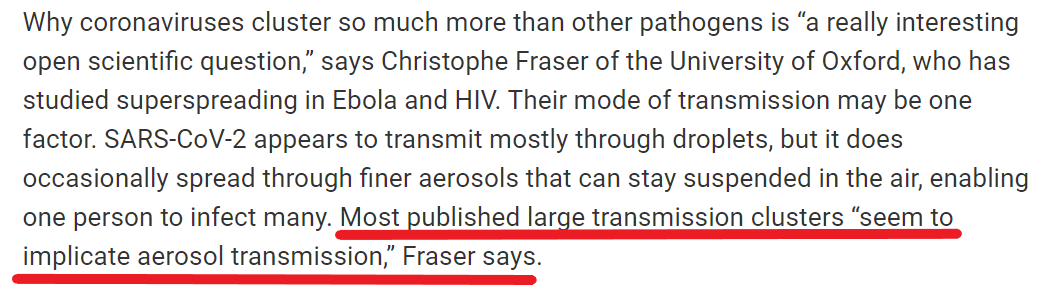 . @ChristoPhraser, a professor of pathogen dynamics at  @UniofOxford, on the implication of aerosol transmission in superspreader events. https://www.sciencemag.org/news/2020/05/why-do-some-covid-19-patients-infect-many-others-whereas-most-don-t-spread-virus-all