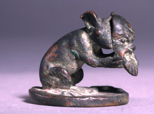 These figurines are common throughout the Hellenistic and Roman worlds, with the British Museum alone holding 15 examples, including this darling little one of a crouching mouse holding a Papposilenos mask.Image: British Museum (1876,0510.2)