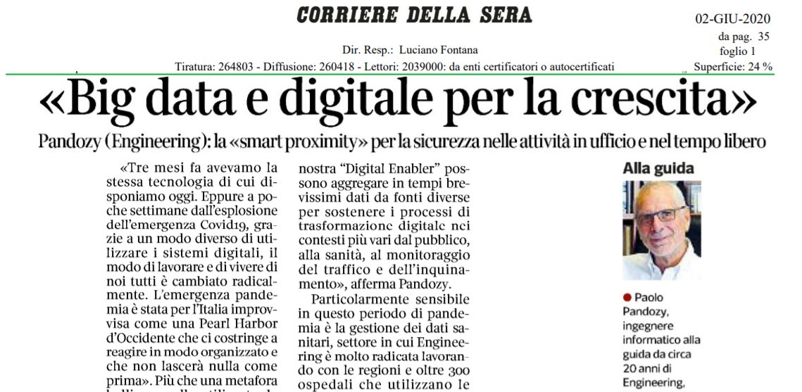 CCIAARIVLIG's tweet photo. @Corriere «Big data e digitale per la crescita»
Pandozy Engineering: la «smart proximity» per la sicurezza nelle attività in ufficio e nel tempo libero
#SmartProximity #SocialDistancing #Covid19
@paolopandozy @EngineeringSpa
#bigdata
@PID_CamCom @infocamere @unioncamere https://t.co/goWPufCSRc