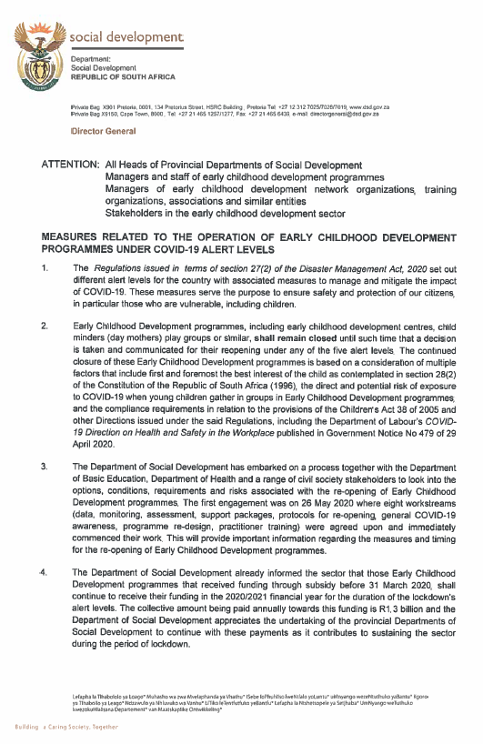 CECD_online's tweet photo. MEDIA RELEASE: From our national Department of Social Development, detailing the matters relating to the operation of ECD programmes under COVID 19 alert levels. Main conclusion: ECD Centres to remain closed until further notice. No dates given! https://t.co/NqbrCSve1L