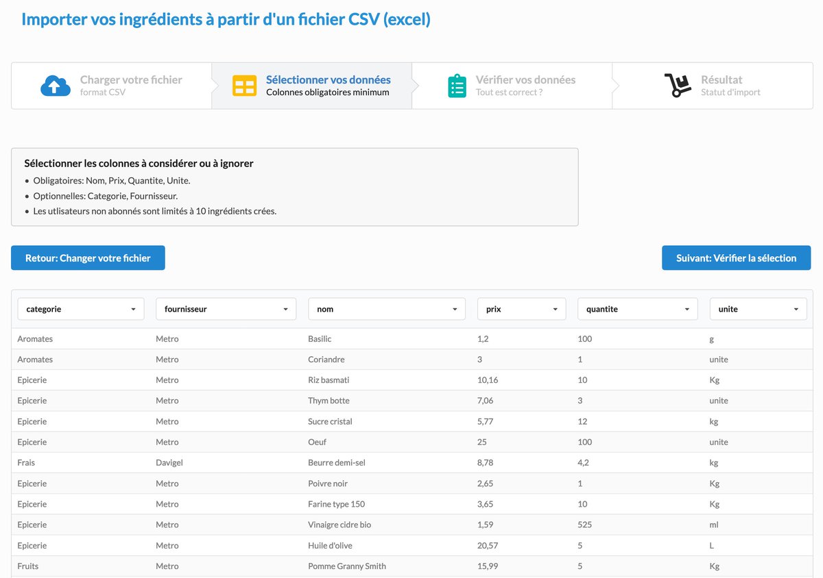 RatatoolApp's tweet image. Cher restaurateurs de nombreux espoirs sont désormais envisageables.

Du nouveau sur Ratatool, vous pouvez désormais charger vos ingrédients à partir d'un fichier CSV (Excel) en utilisant un fichier modèle optimisé fourni.