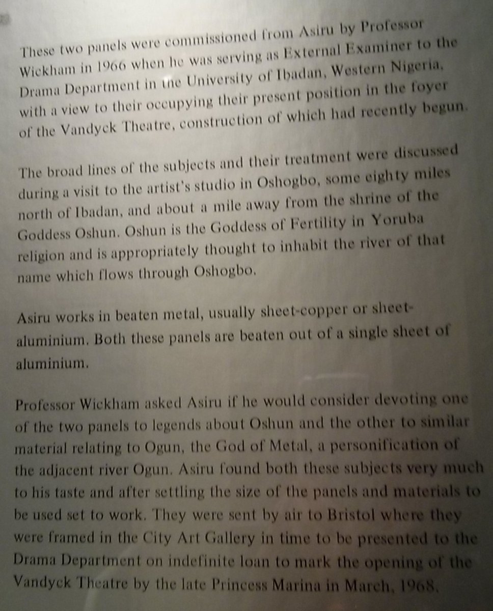 Glynne Wickham visited Asiru Olatunde's studio in Osogbo to discuss panels.Osun Sacred Grove, on the outskirts of Osogbo, is regarded as abode of Osun (panel1) goddess of fertility in Yoruba religion. Now  @UNESCO World Heritage Site.Ogun (panel2) god of metal. #MuseumsUnlocked