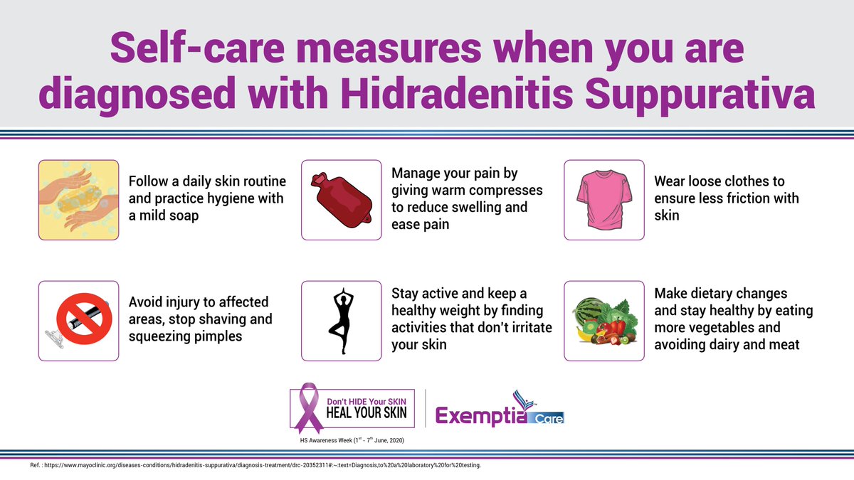 ExemptiaCare's tweet photo. Along with medical treatment for Hidradenitis Suppurativa, these self-care measures may help relieve discomfort of HS and speed up the healing process.

#HSAwarenessWeek #HidradenitisSuppurativa #SelfCare #ExemptiaCare https://t.co/5wamsORJQT