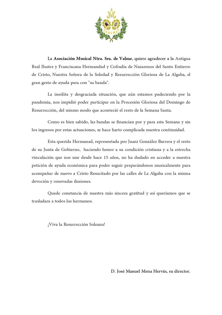 Comunicado oficial.
<a href="/SoledadLaAlgaba/">Hdad. Soledad La Algaba</a>